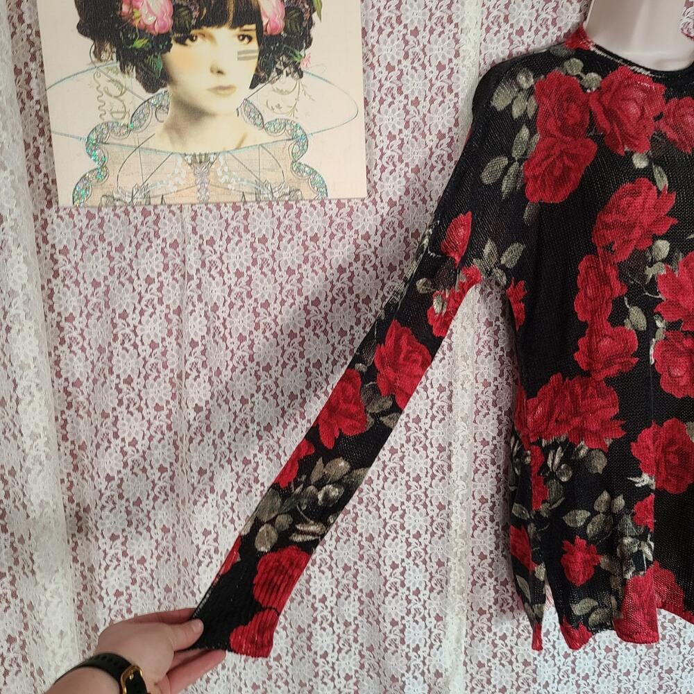 Show me your Mumu black red green oversized floral knit long sleeve top size xs - Picture 9 of 11